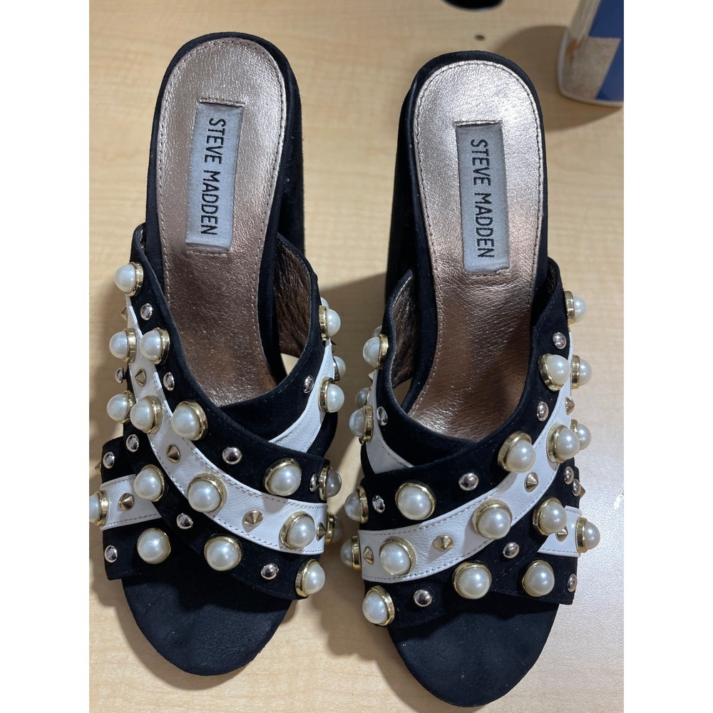 Steve Madden Black White Pearl Studded Block Heel Mules Sandals